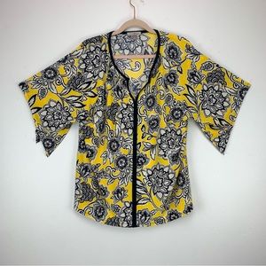 Roz and Ali Womens Plus size 1X‎ Yellow Black Floral Short Sleeve Blouse.
